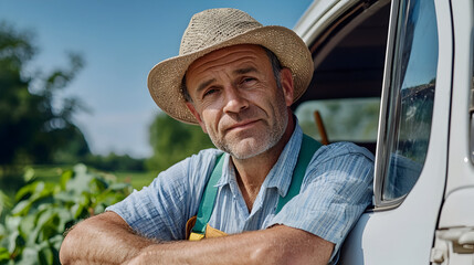 Fototapeta premium thoughtful farmer in straw hat leans against vintage vehicle, surrounded by lush greenery. His expression reflects deep connection to land and hard work