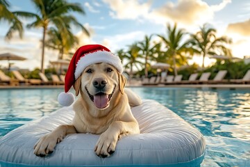 Naklejka premium happy dog floating on inflatable ring in swimming pool on palm trees background, active christmas summer lifestyle on resort