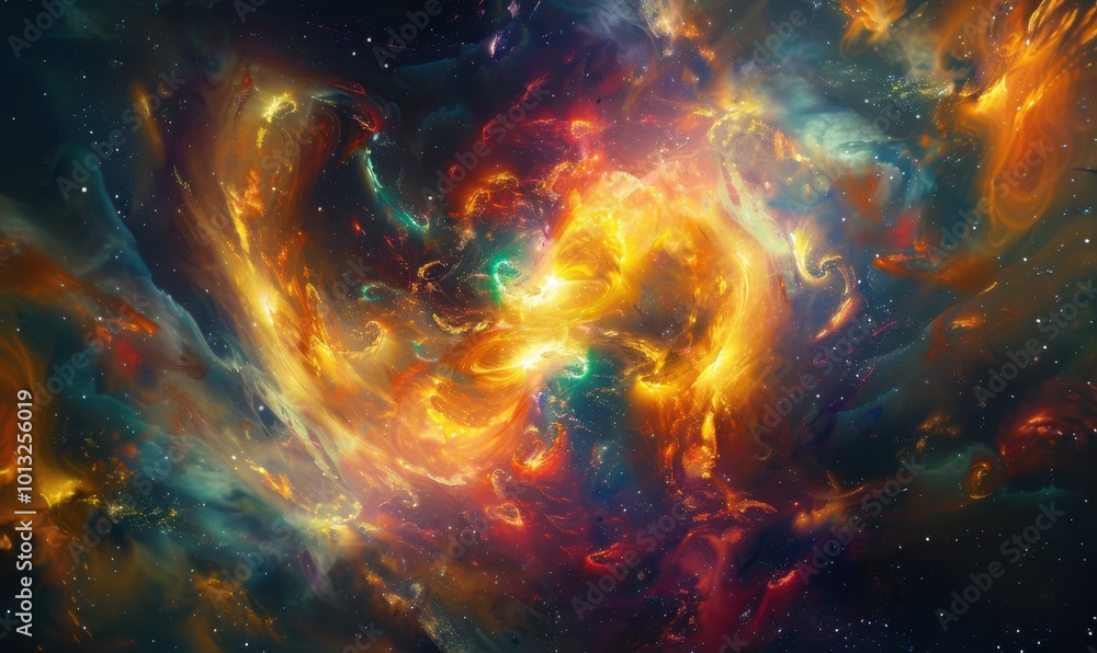 Poster nebular carnival where ethereal beings and cosmic entities gather, swirling colors and energy patter