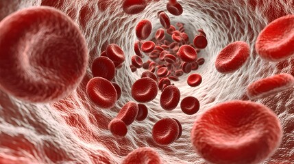 Fototapeta premium Red Blood Cell Highway:components of our blood. An artistic shot showcasing a multitude of red blood cells flowing through narrow vessels—a visual metaphor for oxygen transport. 