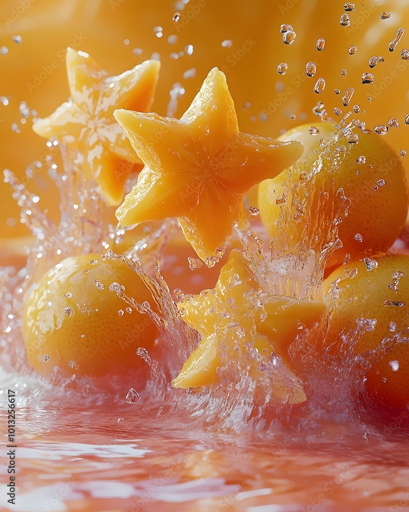 Poster starfruit and oranges splashing into a pool of water, creating a vibrant and refreshing scene.
