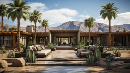 Fototapeta premium Home architecture design in Ranch Style with Front porch constructed by Stucco and stone material. 