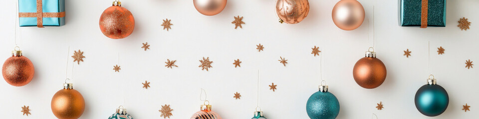 Fototapeta premium Festive Christmas ornaments and gifts create joyful holiday atmosphere. arrangement features colorful baubles and sparkling stars, perfect for seasonal celebrations