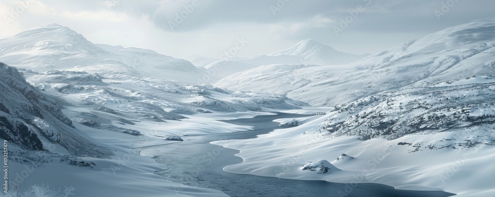 Poster Icy river winding through a snowy valley, 4K hyperrealistic photo