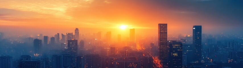 Fototapeta premium Stunning urban skyline at sunset, showcasing vibrant colors and silhouettes of skyscrapers against a misty backdrop.