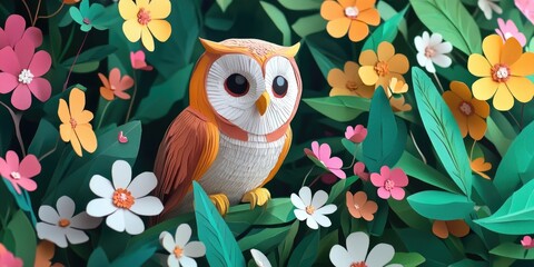 Paper Cut Owl on Lush Green Flowers