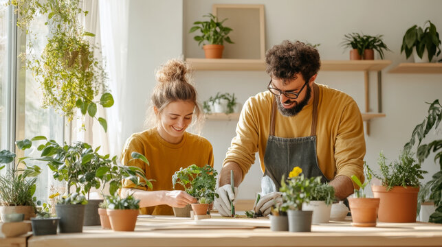 Creating joyful atmosphere, man and woman engage in gardening, potting plants, and nurturing greenery in bright, sunlit room filled with various potted plants