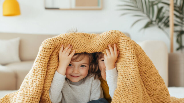 Cozy children playfully hiding under warm blanket, creating joyful and playful atmosphere in bright living room. Their smiles radiate happiness and innocence