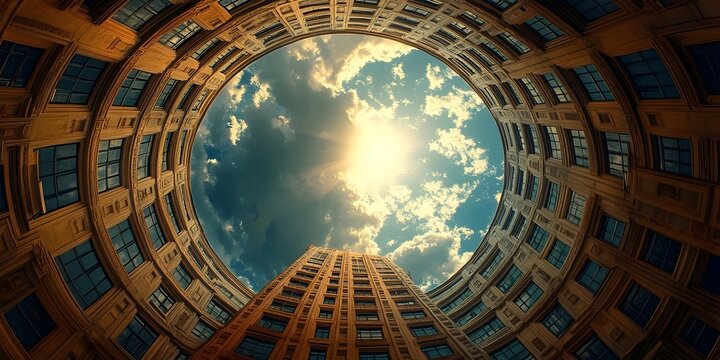 Looking up at a bright, sun-drenched sky from within a circular courtyard of an apartment building. - Powered by Adobe
