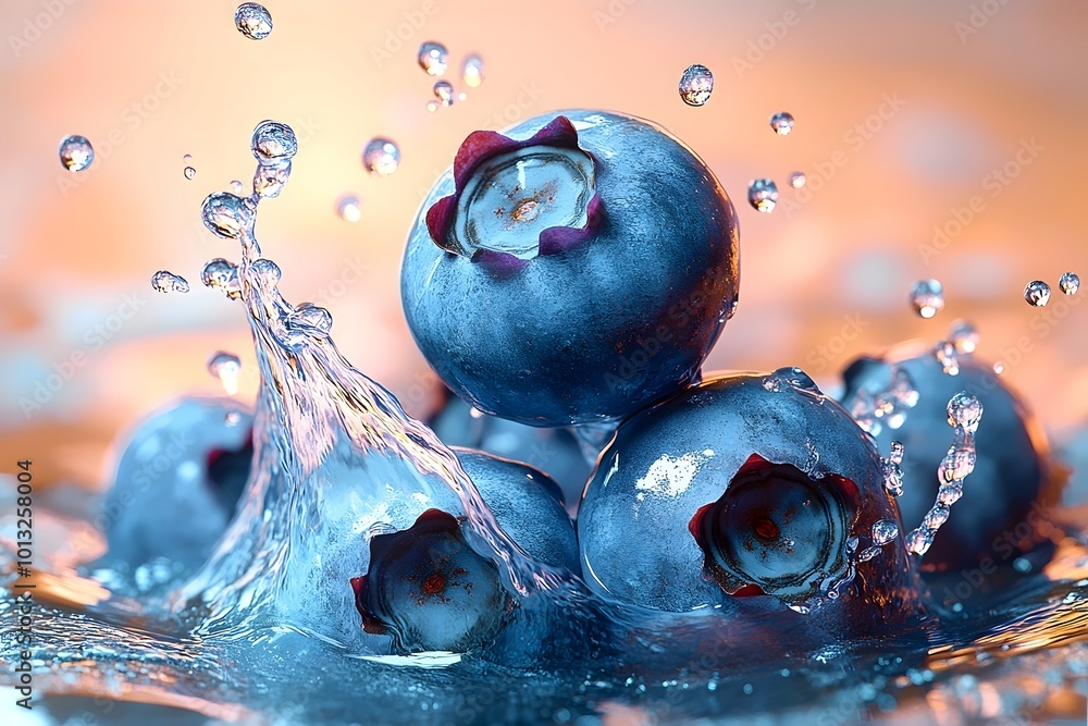 Poster close-up of blueberries splashing into water, creating a vibrant and refreshing scene.