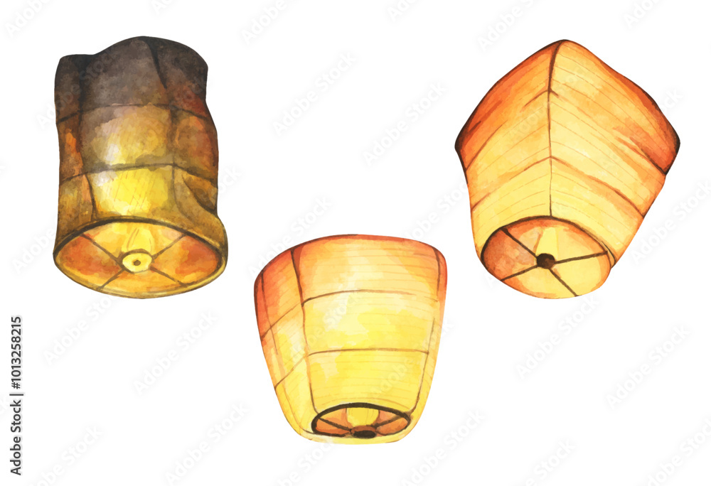 Wall mural Set of Paper lantern, Floating lanterns in the sky. Making a Wish. Watercolor illustration.