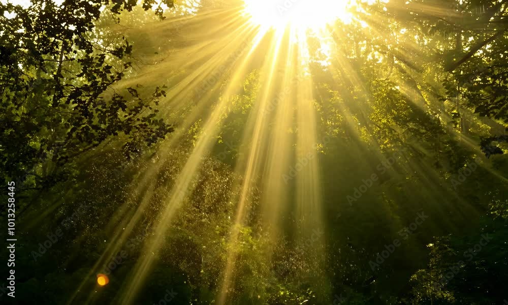 Poster sunlight streams through a dense forest canopy creating a mystical and ethereal atmosphere.