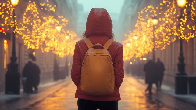 A woman in a red jacket and yellow backpack walking down a city street, illuminated by festive holiday lights in the misty evening.