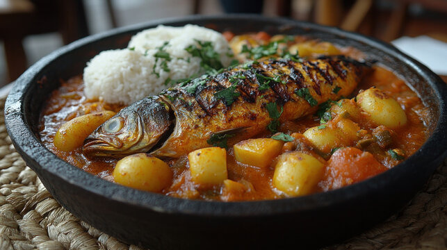 Angolan Holiday Meal: Angolan calulu fish stew, funge, and grilled meat, enjoyed in a cozy family environment