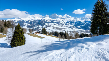 stunning winter landscape featuring snow covered mountains and clear blue sky. serene scene captures beauty of nature, with lush green trees contrasting against white snow