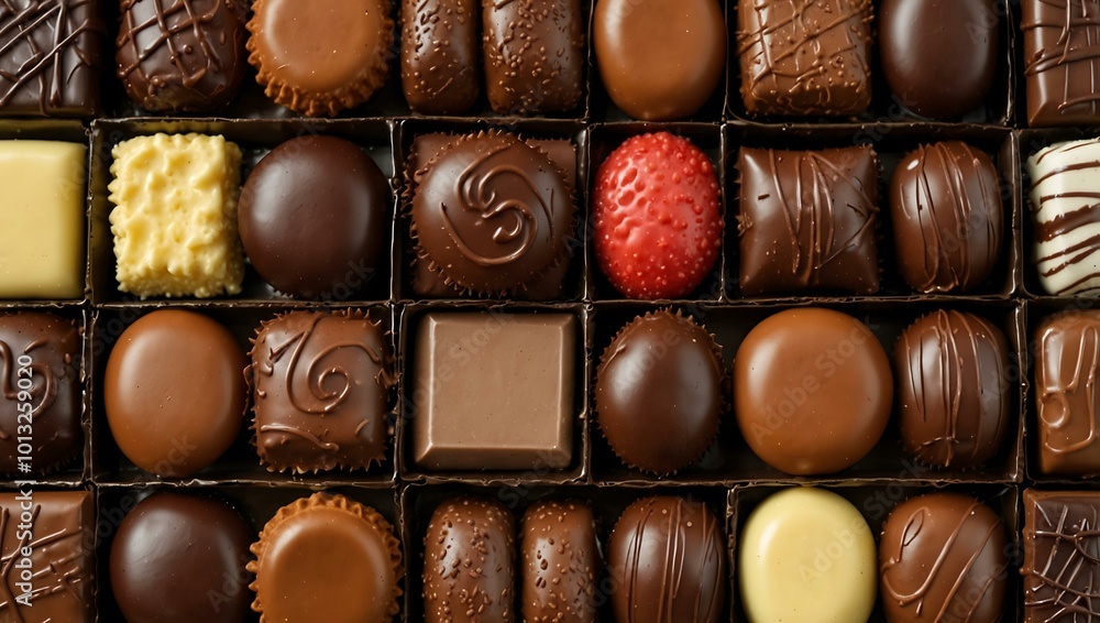 Poster top view of assorted chocolates and sweets on a background tile.