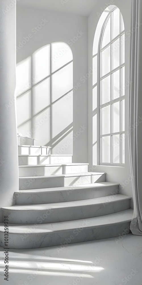 Poster sunlight streams through a large window, illuminating a white marble staircase in a minimalist inter