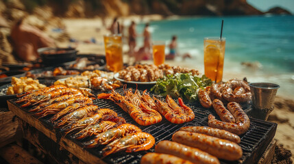 Australian Summer BBQ: A beachside Australian BBQ with prawns, sausages, salad, and cold drinks, friends laughing and enjoying the summer sun