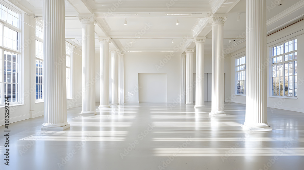 Poster spacious and bright interior featuring tall white columns and large windows, creating serene and ope