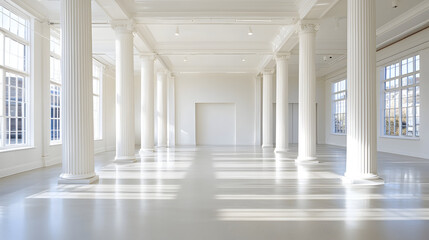 Naklejka premium spacious and bright interior featuring tall white columns and large windows, creating serene and open atmosphere. natural light enhances minimalist design, perfect for various events