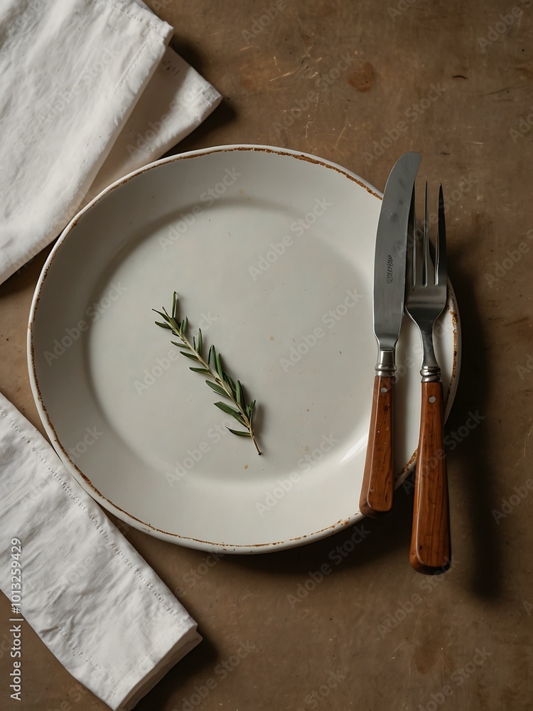 Poster top-down view of an empty plate with fork and knife.