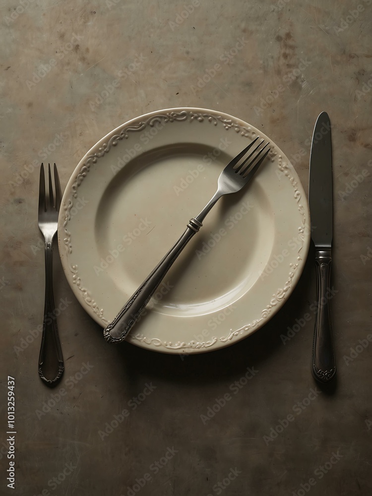 Poster top-down view of an empty plate with fork and knife.