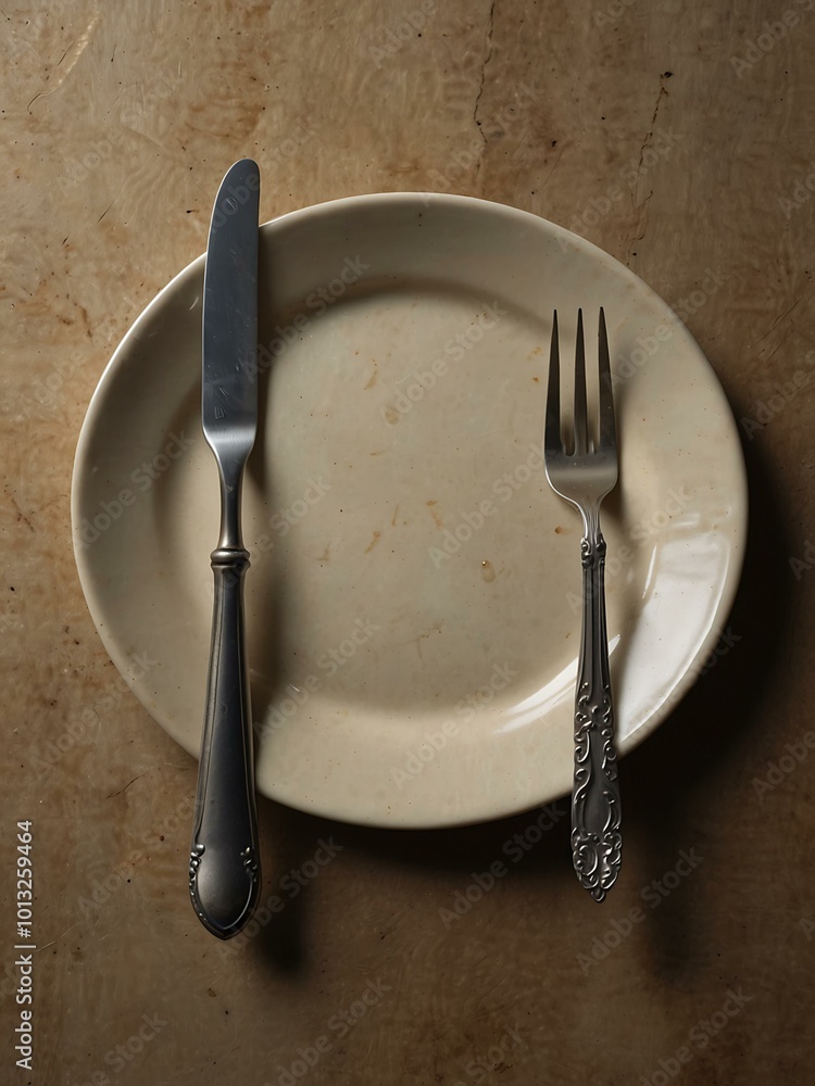 Poster top-down view of an empty plate with fork and knife.