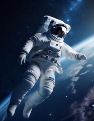 Fototapeta premium Astronaut Floating in Space with Earth in the Background and a Field of Stars