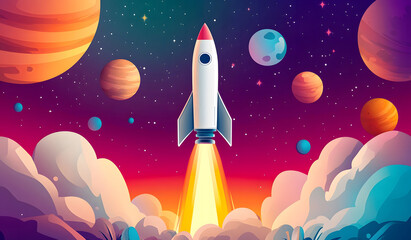 Naklejka premium Cartoon rocket goes fly up launch. Space galaxy adventure travel landscape view. cartoons design