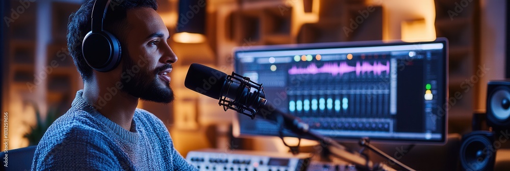 Fototapete the podcaster engages listeners with insightful commentary while recording in a cozy studio filled w
