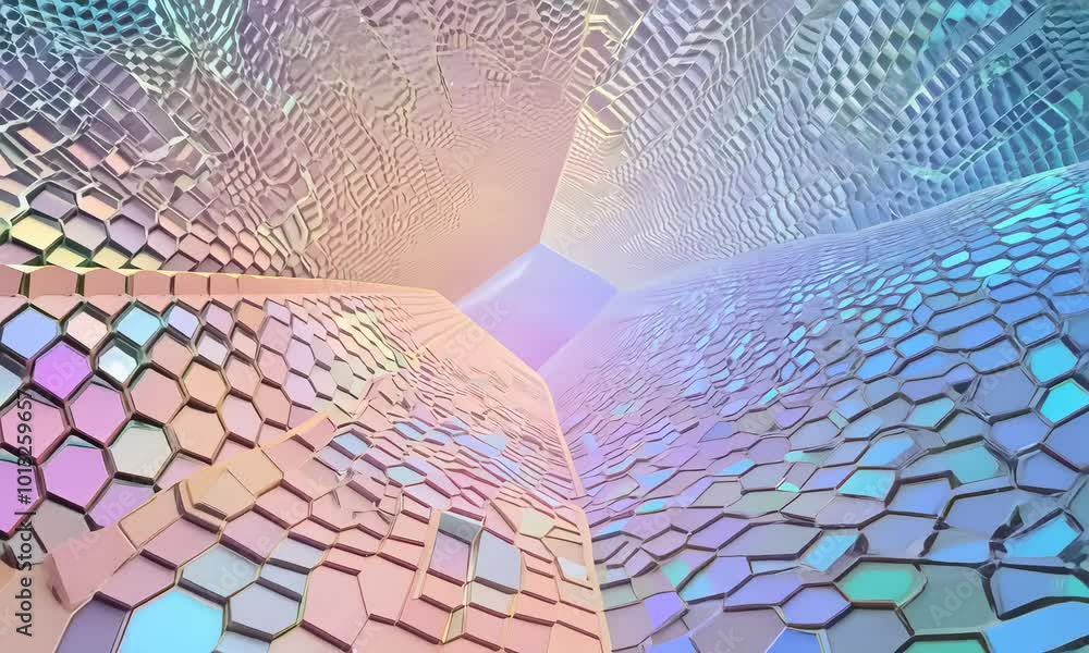 Poster futuristic image of iridescent hexagonal structures.