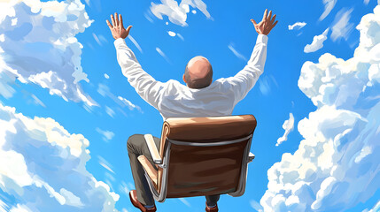Man in chair reaching for sky, expressing freedom and joy amidst fluffy clouds. scene captures sense of liberation and aspiration
