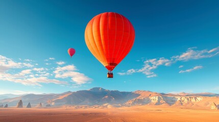 Obraz premium Serene Hot Air Balloon Journey, an enchanting landscape with vibrant skies, a colorful balloon gliding above rolling hills, inviting adventure and exploration in a tranquil setting.