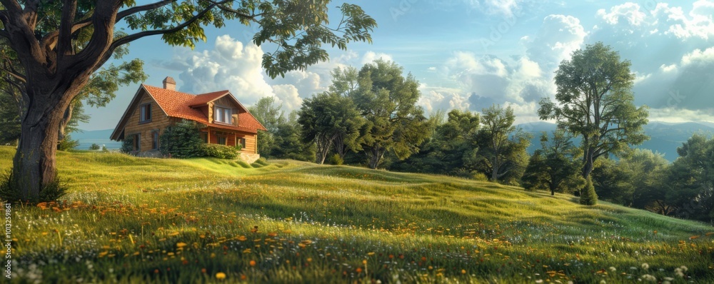 Canvas Prints Traditional countryside home on a hill, blending into its natural environment, 4K hyperrealistic photo