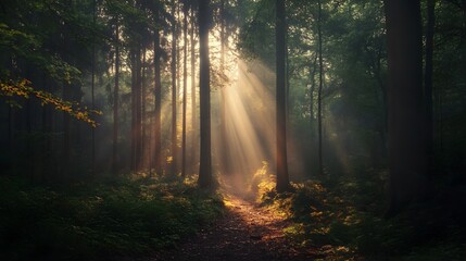 Fototapeta premium Enchanting forest path with sunlight beams