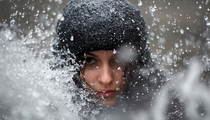 Photograph the subject through the flow of water from a small waterfall or fountain, using a fast shutter speed to freeze the water droplets while the person remains visible behind the cascade