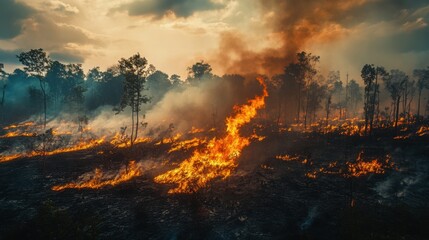  forest fire with thick smoke rising into the sky, trees burning in the foreground