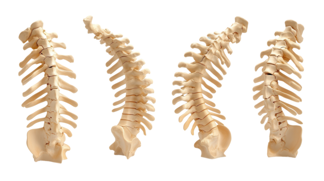 Spinal anatomy showcasing different views of human spine, isolated on a white background, transparent background.
