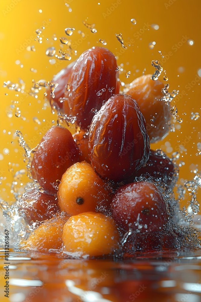 Aufkleber close-up of dates and other fruits splashing into water, creating a vibrant and refreshing scene.