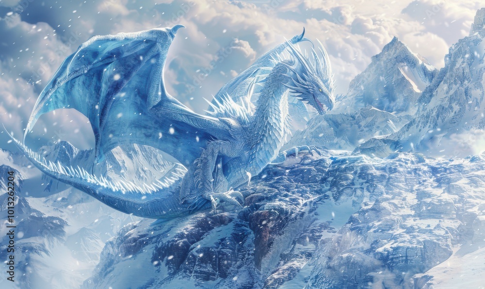 Poster Ethereal frost dragon soaring through icy peaks, 4K hyperrealistic photo