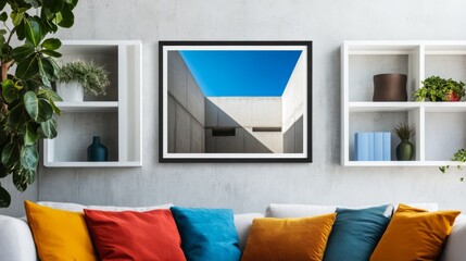 Framed prints on a wall of Noll-style architectural photos, hung above a white bookshelf and colorful pillows in front of it.  Black frame hanging above sofa in modern living room.