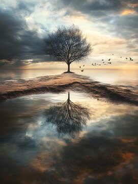 Lone tree on tranquil lake at sunset