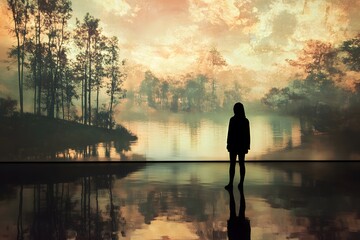 Silhouetted figure standing by a tranquil lake