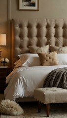 Tufted headboard with elegant stitching in a softly lit bedroom.