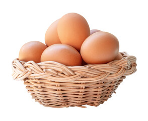 Group of fresh brown chicken eggs in stack in wicker basket isolated with clipping path in png file format