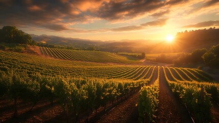 Fototapeta premium Scenic sunset over rolling vineyards