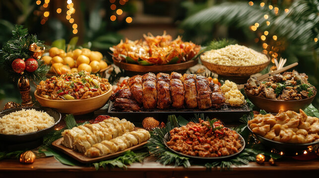 Filipino Noche Buena: Filipino holiday feast with lechon, pancit, and bibingka, all served on a family table with festive decorations and joyful gathering