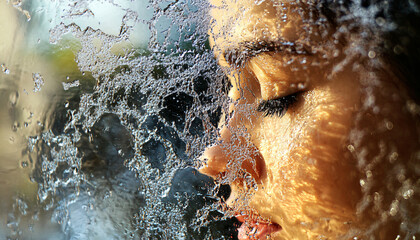 Photograph the subject through the flow of water from a small waterfall or fountain, using a fast shutter speed to freeze the water droplets while the person remains visible behind the cascade
