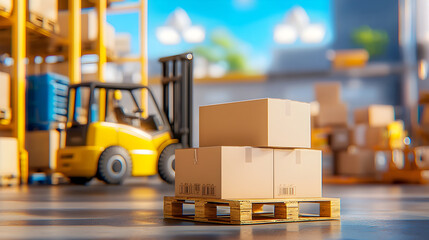 Naklejka premium Efficient warehouse scene with stacked cardboard boxes on wooden pallet, showcasing forklift in background. bright environment enhances sense of productivity and organization