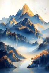 Tranquil mountain lake with a stunning view of the peaks, a serene scene with misty peaks in the distance.